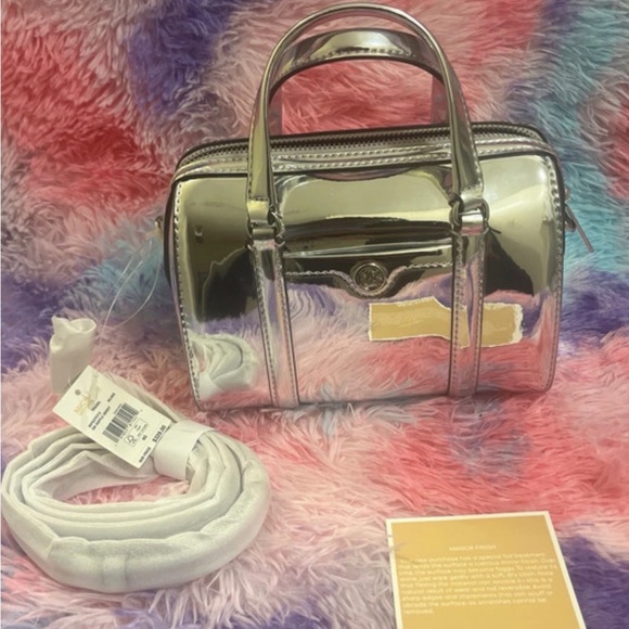 Michael Kors Metallic Silver Mini Satchel Crossbody Bag NWT w/ Strap - Picture 2 of 8